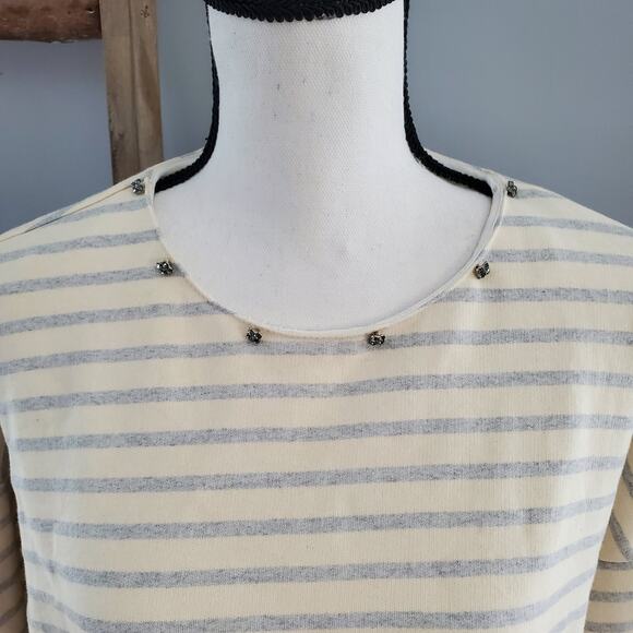 Zara Basic Cream Striped Rhinestone Accent Sweater Top XL - Picture 3 of 8